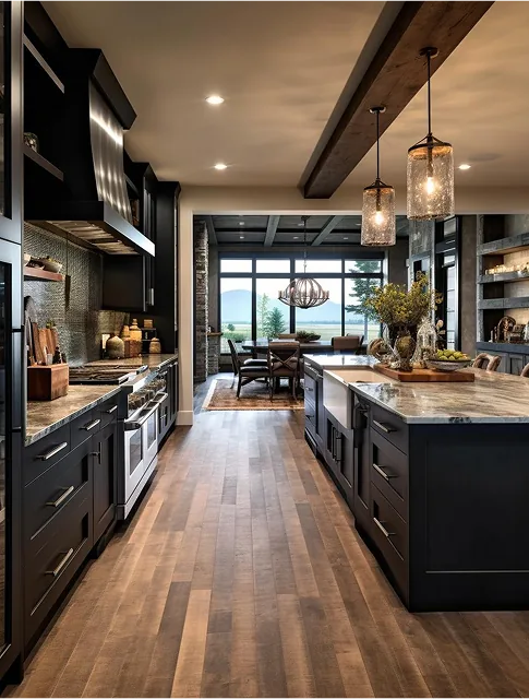 Rustic luxury kitchen with dark cabinetry, wood floors and exposed beams