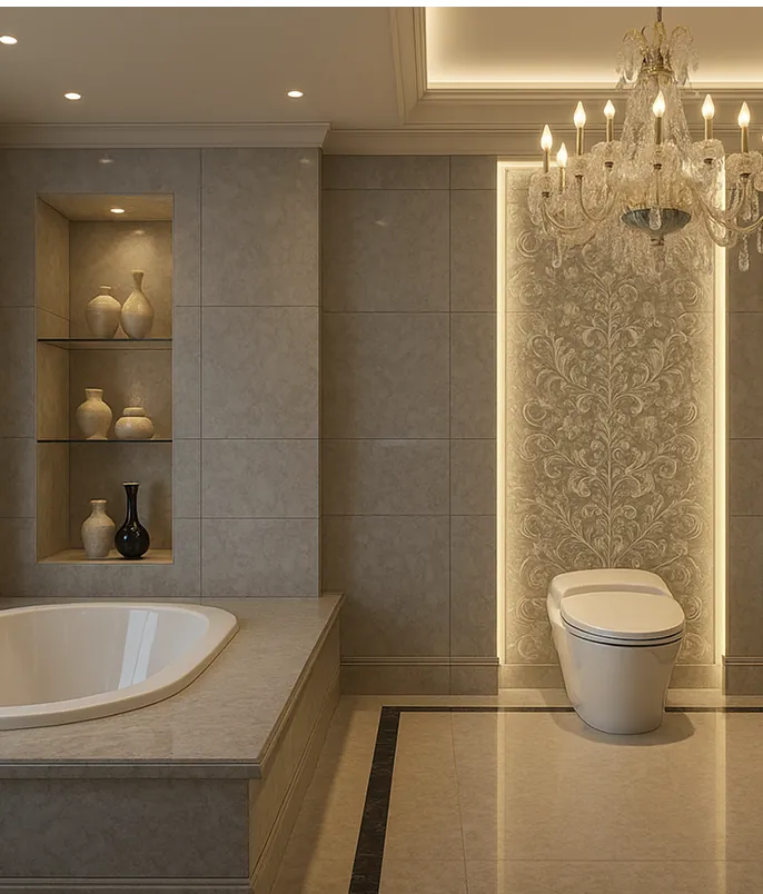 Spa-style bathroom with a soaking tub, stone tile, chandelier and backlit feature wall