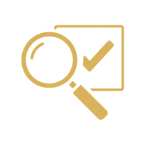 Gold icon of a magnifying glass over a checklist
