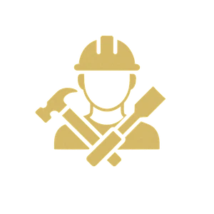 Gold icon of a craftsman in a hard hat with tools