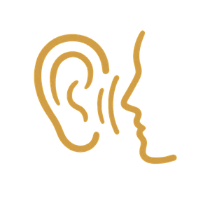 Gold icon of an ear listening to a speaker