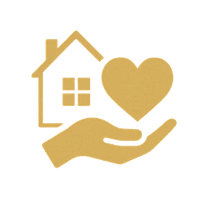 Gold icon of a hand holding a house and a heart