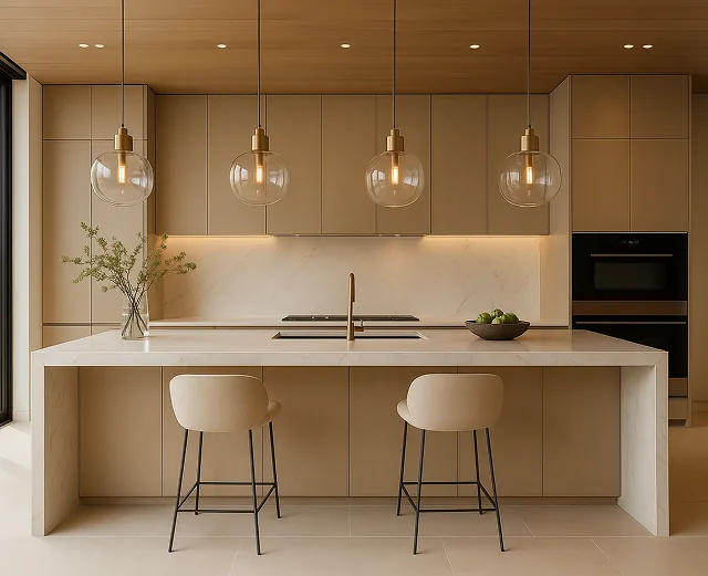 Contemporary kitchen with a waterfall island, integrated appliances and glass pendant lights