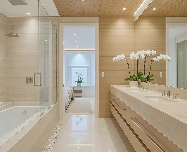 Guest bathroom with marble finishes, glass shower, soaking tub and orchid on the vanity