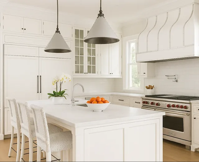 White kitchen with custom millwork, glass pendant lights and a bowl of oranges on the island