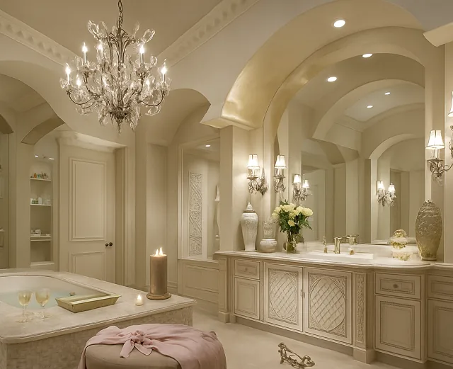 Spa master bathroom with arched ceilings, crystal chandelier and a natural stone vanity