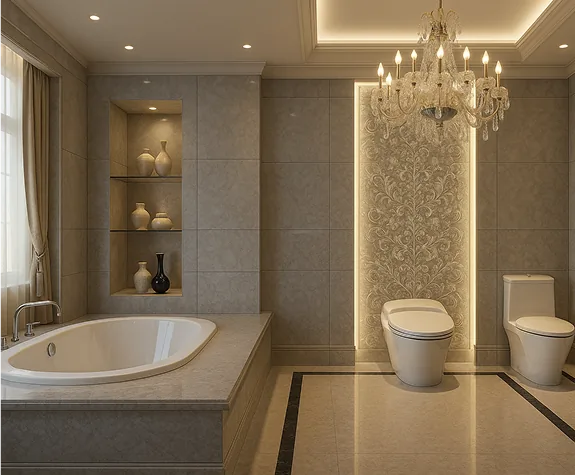 Spa-style bathroom remodel with a soaking tub, stone tile and a crystal chandelier
