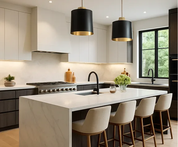Remodeled kitchen with white cabinetry, black pendant lights and a marble waterfall island